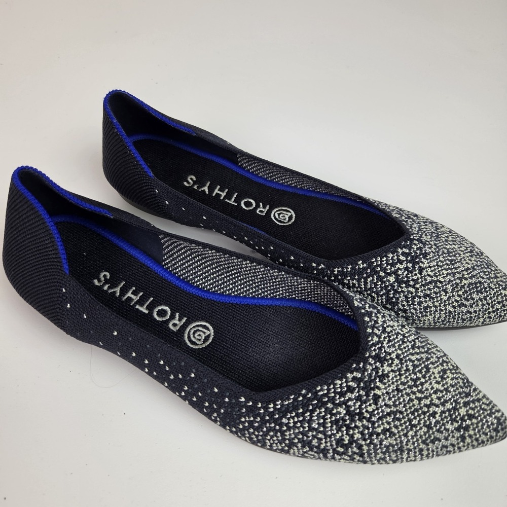 Rothy's The Point Women Size 9.5 Black White Speckled Knit Pointed Toe Flats